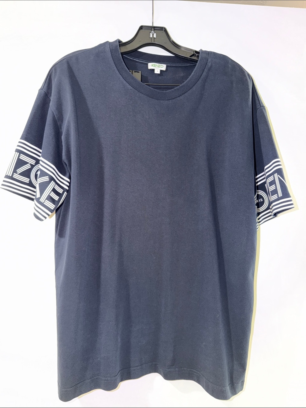Kenzo Navy Short-Sleeve Tee with Branded Stripe Sleeves